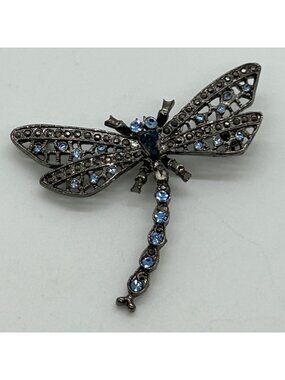 Vintage Dragonfly Brooch Blue Rhinestone Gunmetal Insect Pin Filigree Statement